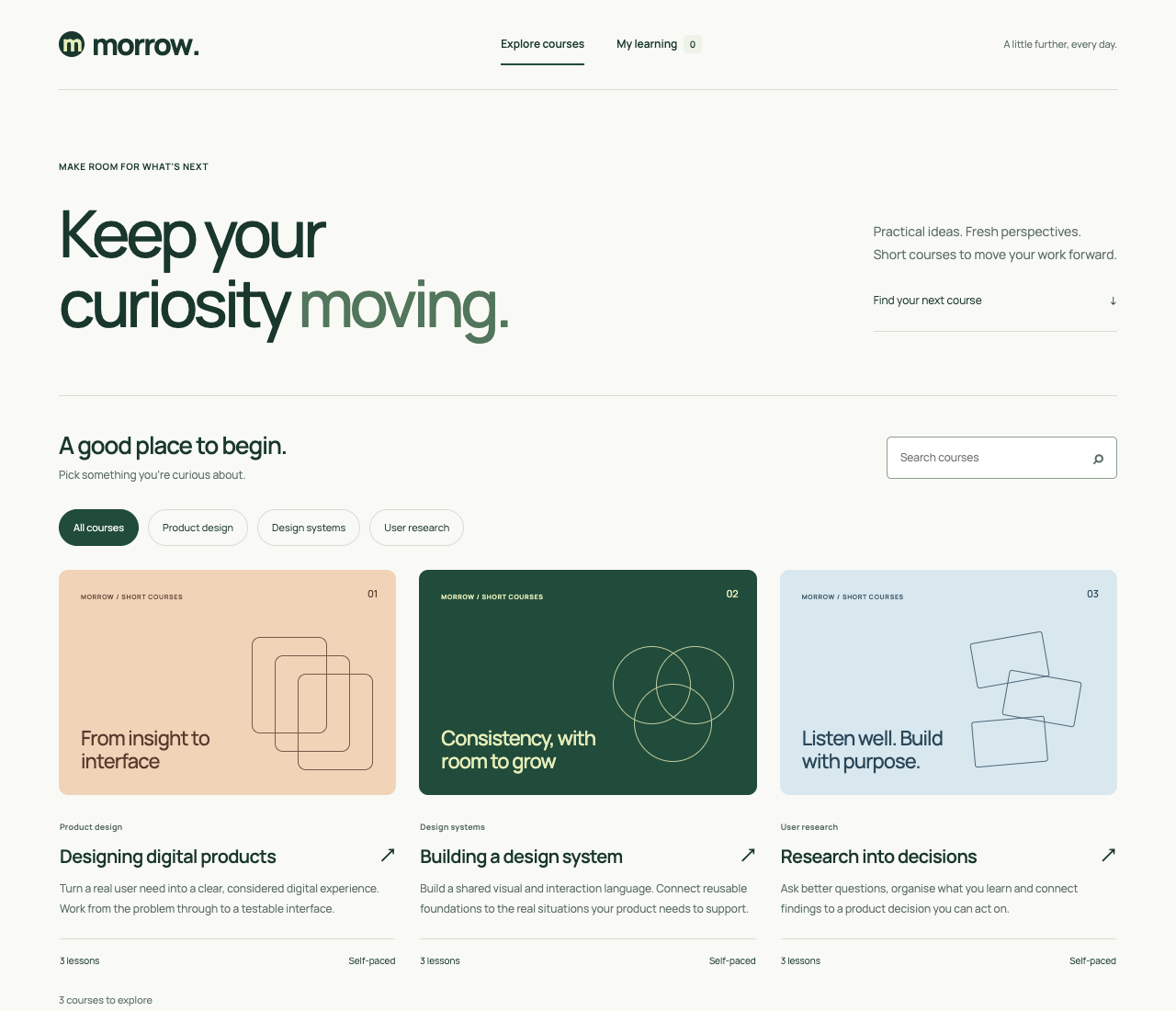 Morrow’s course catalogue, with topic filters, search and three individually designed course covers.